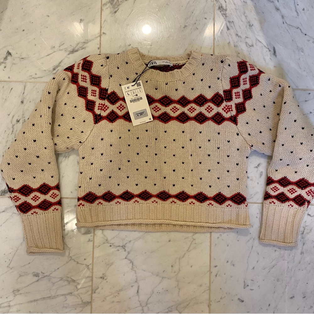ZARA Fair Isle Jacquard knit sweater cropped puff sleeves padded shoulders